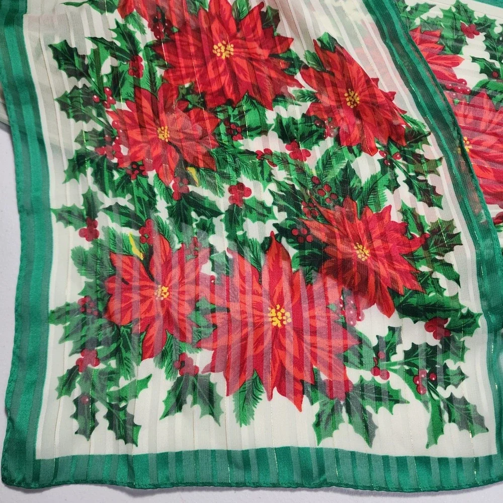 Collection Eighteen Christmas Poinsettia Scarf Green Red Gold Metallic Sheer